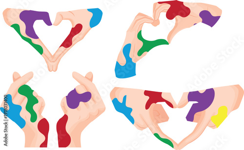 set of human hands folded in a gesture of love with bright paint stains during the celebration of the Holi festival, for thematic printing, social networks or advertising