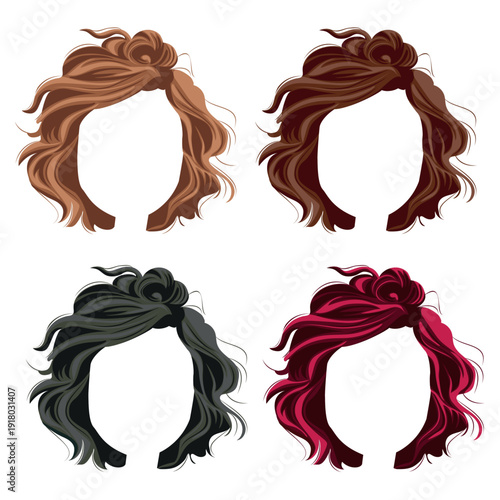 set of templates of careless short female hair cuts in different colors, for design or decoration of female characters