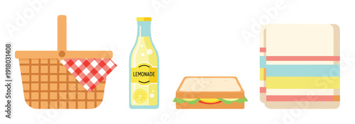 Picnic essentials vector collection with basket, lemonade, sandwich, and blanket