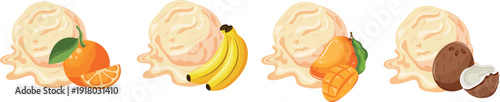 set of icons of ice cream scoops with various fruits next to them, representing ice cream flavors, for menu design, advertising, social media or other thematic designs