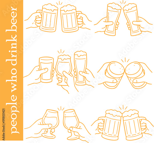 set of icons of human hands holding various glasses of beer, for menus, social networks or other thematic designs