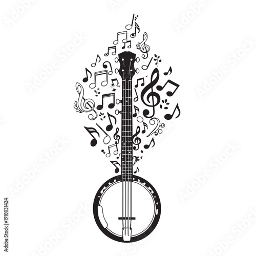 Banjo with floating musical notes: a vintage stringed instrument illustration.