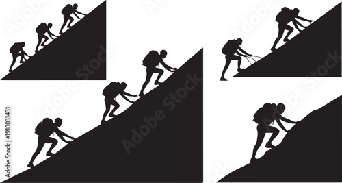 Silhouettes of people climbing steep mountain with ropes teamwork