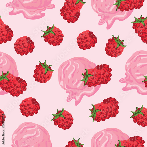 pattern of balls of pink ice cream with raspberry flavor, ripe berries on a pink background, placed randomly, for menus, social media or textiles