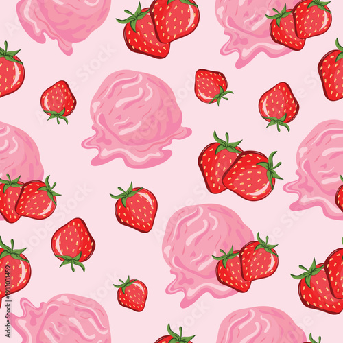 seamless pattern with pink ice cream with strawberry flavor and berries on a pink background, placed randomly, for menus, social media or textiles
