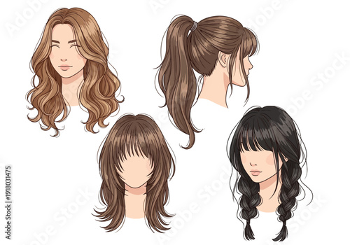 Detailed illustrations of young women with various brown hairstyles