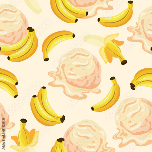 seamless pattern with yellow ice cream scoops with bananas placed randomly on a yellow background, for packaging design, menus, social media or textiles