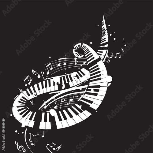 Whimsical piano keyboard swirl with flowing musical notes on black backdrop.