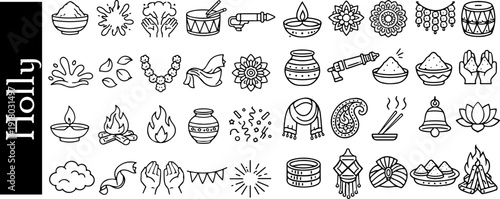 large set of icons of thematic decorations and patterns for celebrating the traditional Indian holiday of Holi, icons for social networks, typography, websites or other thematic designs