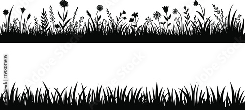 Black silhouette of a dense meadow filled with various wild flowers and grasses creating a natural border against a white background
