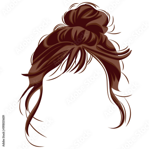 ready-made template of a female hairstyle with a careless bun and short bangs in brown colors, for design or decoration of female characters