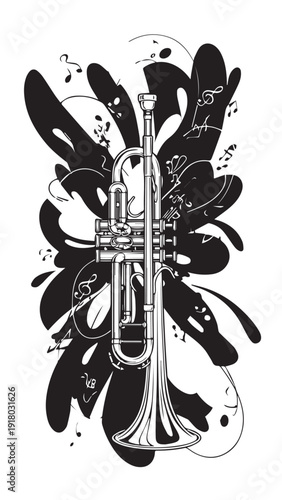 Abstract monochrome trumpet illustration surrounded by flowing decorative shapes.