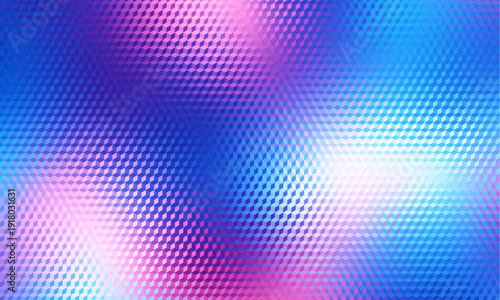 Glass ripple texture with blue gradient background and vivid pink, blue, and white light glowing. Small cubes texture, moody abstract