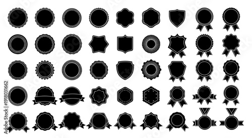 Award icon collection. Includes badges, seals, labels, and certificates. Created in simple black style with solid colors. isolated on White Background