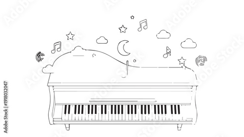 Whimsical piano surrounded by musical doodles and dreams in a playful illustration.