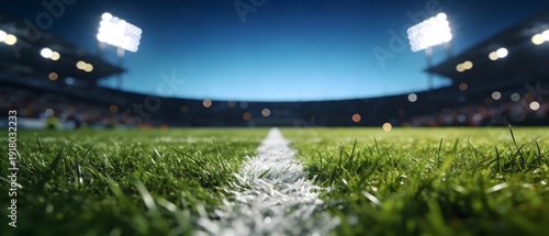 Soccer Stadium Field Close Up With White Line And Bright Floodlights. Design Concept for Football World Cup 2026.