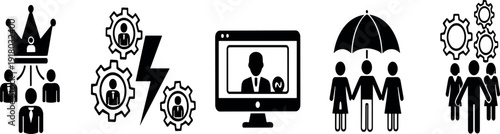 Business Leadership and Human Resources Solid Icons Set with Management Protection Recruitment and Online Interview Concepts