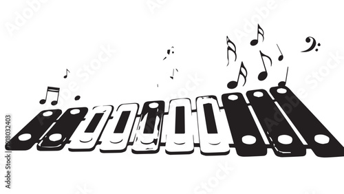 Wide-angle view of a melodica keyboard with scattered musical notes above the keys.