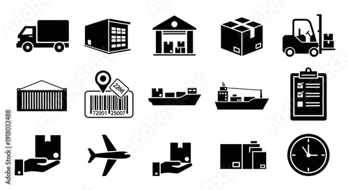 Logistics and Delivery Silhouette Icons Set – Solid Black Shipping Vector Collection