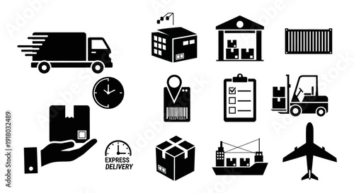 Logistics and Delivery Silhouette Icons Set – Solid Black Shipping Vector Collection