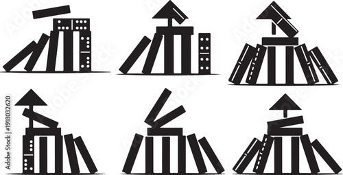 Six black and white building collapse illustrations with arrows