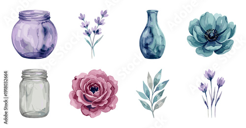 Watercolor Floral Elements and Glass Jars Collection Set