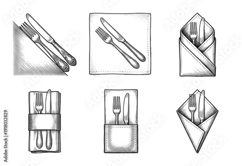 Vintage style hand drawn set of six napkin folding techniques with silver cutlery for restaurant table setting and dining etiquette.