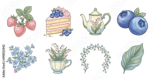 Cottagecore Aesthetic Illustration Set with Berries and Teapot