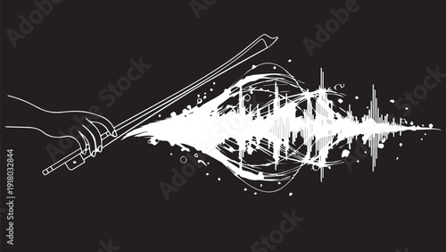 Abstract guitar with waveforms bursting from neck in silhouette artwork.