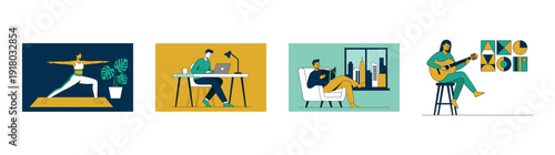 Flat Vector Lifestyle and Productivity Scenes Illustration Set for Modern Wellness and Remote Work Design