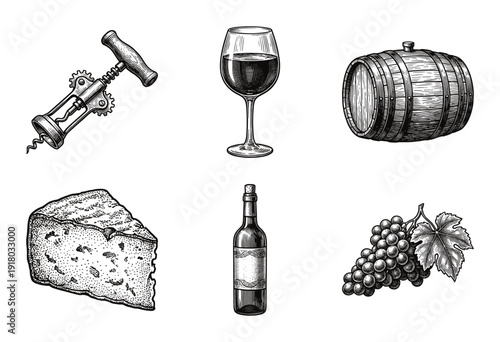 Set of vintage wine and cheese illustrations in hand drawn engraving style including bottle glass grapes barrel and corkscrew.