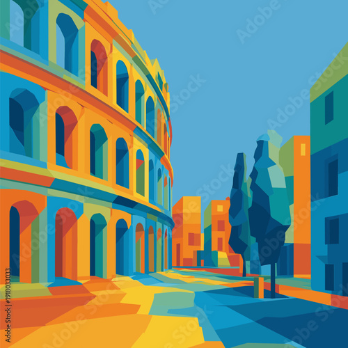 Ancient Rome Colosseum arches minimalist flat design. Colosseum arches depicting Roman architecture in a vibrant, modern flat graphic illustration style