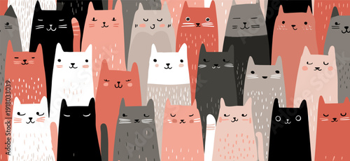 Cute cat pattern creating seamless animal background texture. Many cute cats with different expressions forming a seamless animal pattern