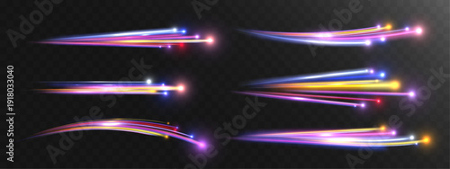 Set of colorful light trails isolated on transparent background. Glowing motion streaks and dynamic curves symbolizing speed, data flow, internet connection and modern digital technology.
