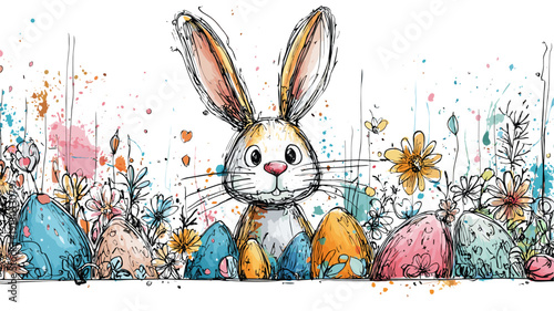 Easter bunny holding decorated eggs and spring flowers wallpaper. Whimsical Easter bunny holding colorful decorated eggs and spring flowers in hand-drawn doodle style