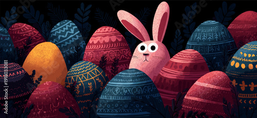 Bunny peeking from behind colorful Easter eggs greeting card. Bunny character hiding among patterned Easter eggs and dark foliage, celebrating the spring holiday