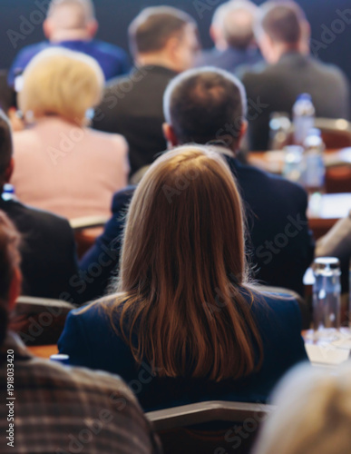 Conference, hall with audience, panel discussion at forum, people on a congress together listen to speaker on stage at convention, plenary session at business lecture seminar, venue for presentation