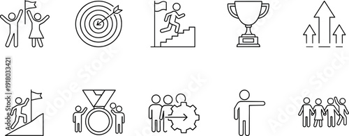 Business Achievement and Growth Line Icons Set with Target Trophy Leadership and Teamwork Concepts