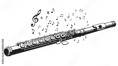 Elegant flute with musical notes in motion, captured alongside a graceful wind instrument illustration.
