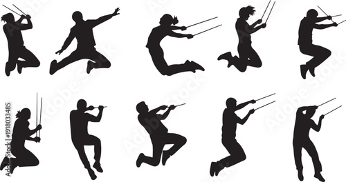 Silhouette of woman jumping and holding swords in various poses