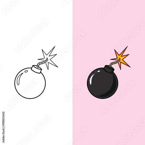 Cartoon Bomb Icon Set. Outline and Color Vector Illustration