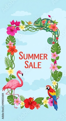 Tropical summer sale framing with exotic birds and a chameleon.