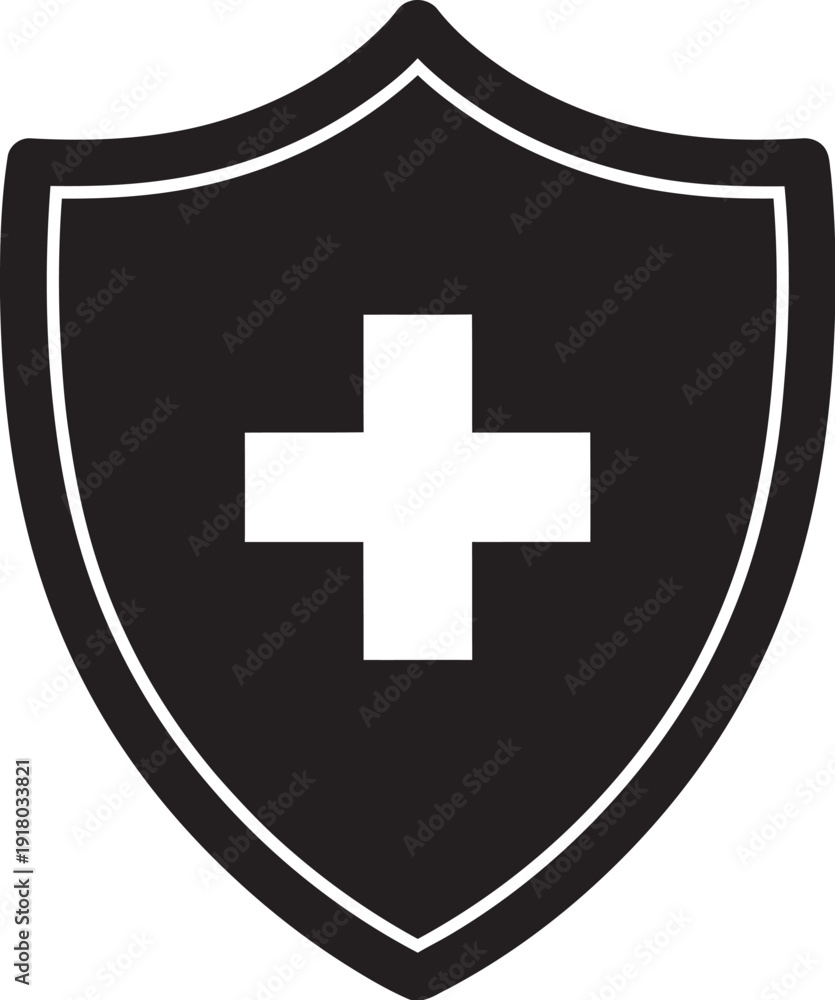 Fototapeta premium Medical protection shield icon with cross symbol, healthcare safety logo, protection sign, medical shield, health security concept, safety emblem