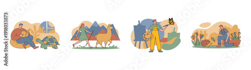 Flat Vector People with Animals and Hobbies Illustration Set for Mindfulness and Nature Connection