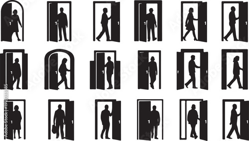 Silhouettes of people entering and exiting various doorways slowly