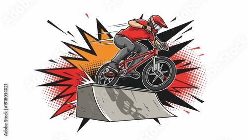 Bmx rider performing stunt vector illustration against explosion background