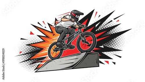 Bmx rider performing stunt on ramp with dynamic graphic explosion