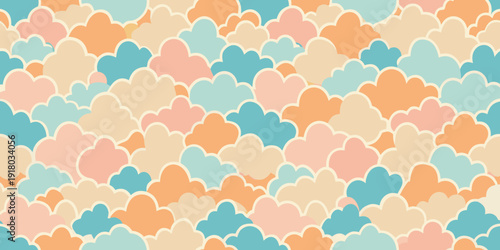 Whimsical pastel clouds in soft peach, blue, and pink hues seamless pattern, backdrop design needs, retro wallpaper