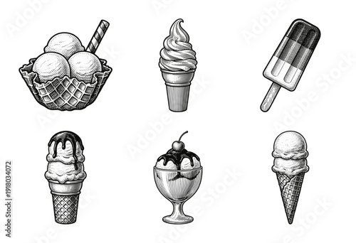 Vintage hand drawn ice cream collection featuring sundae dessert scoops and frozen treats in woodcut engraving style.