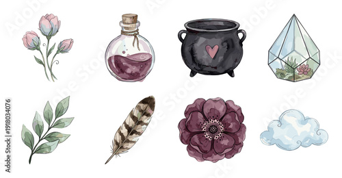Boho Witchcraft Aesthetic Sticker Set, Watercolor Vector Illustration